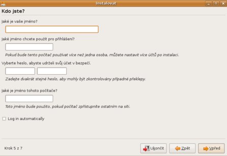 Zadání uživatelských údajů při instalaci distribuce Ubuntu 8.10 Intrepid Ibex
