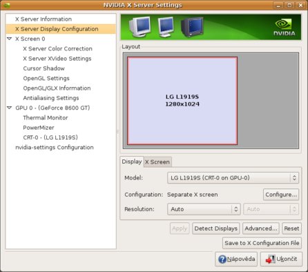 nvidia-settings - doinstalovaná aplikace grafické karty NVIDIA